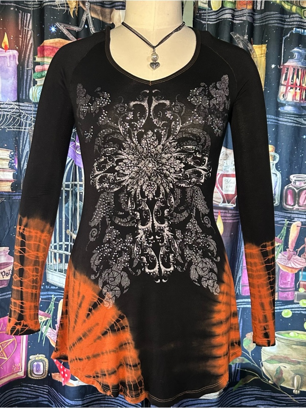 2000s Vocal Brown & Orange Alternative Long-Sleeve Embellished Tunic Blouse
